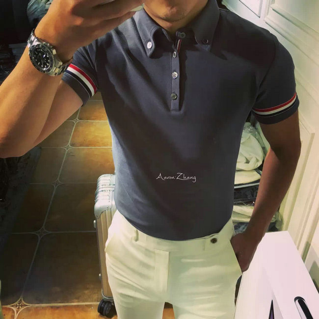 Mùa hè Châu Âu và Vương Quốc Anh Anh Slim Polo Áo Sơ Mi Ngắn Tay Áo TB Gió Tricolor Ribbon Ánh Sáng Polo Áo Tide Cotton T