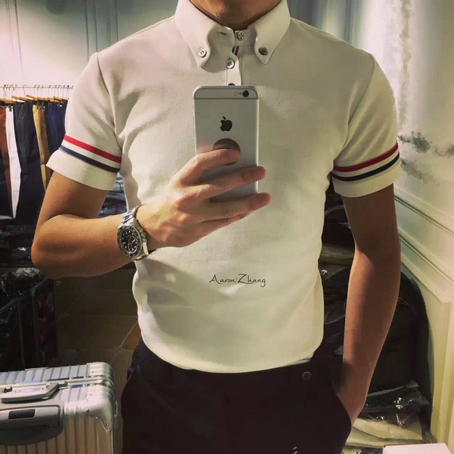 Mùa hè Châu Âu và Vương Quốc Anh Anh Slim Polo Áo Sơ Mi Ngắn Tay Áo TB Gió Tricolor Ribbon Ánh Sáng Polo Áo Tide Cotton T