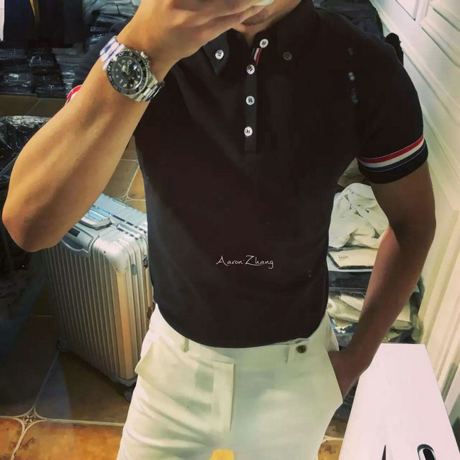 Mùa hè Châu Âu và Vương Quốc Anh Anh Slim Polo Áo Sơ Mi Ngắn Tay Áo TB Gió Tricolor Ribbon Ánh Sáng Polo Áo Tide Cotton T