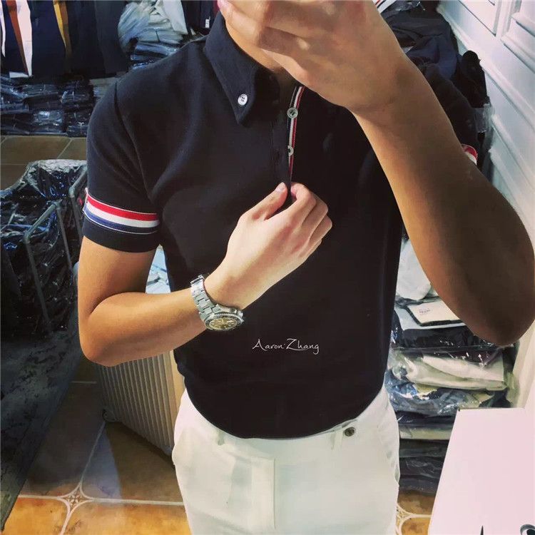 Mùa hè Châu Âu và Vương Quốc Anh Anh Slim Polo Áo Sơ Mi Ngắn Tay Áo TB Gió Tricolor Ribbon Ánh Sáng Polo Áo Tide Cotton T