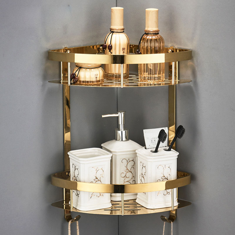 Golden Full Copper Corner Rack Double Triangle Rebounds Basket Bathroom Pendant Shelve Shelve Cosmetic Bathroom 