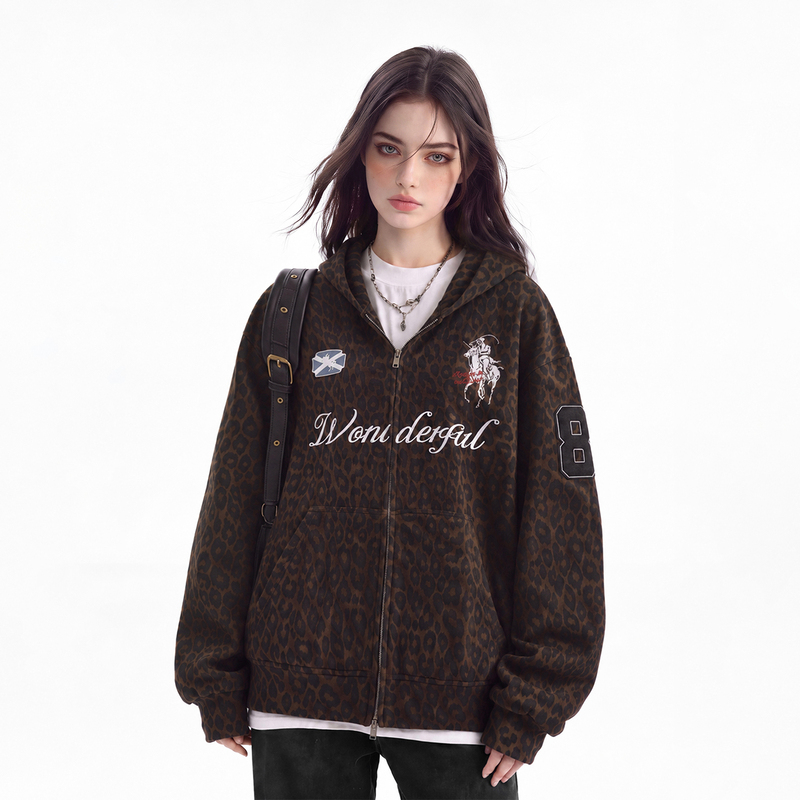 Darkage Original American High Street Leopard Print Patch Embroidery Printed Hooded Sweatshirt Unisex Cardigan Short Jacket Trendy Darkage Original American High Street Leopard Print Patch Embroidery Printed Hooded Sweatshirt Unisex Cardigan Short Jacket Trendy