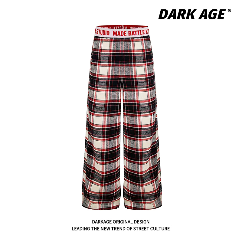 Darkage Original American Retro Color-Block Plaid Wide-Leg Pants for Women, Loose and Slimming, Plaid Casual Versatile Long Pants