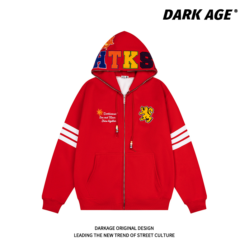 Darkage Original American Retro Letter Embroidered Cardigan Hooded Sweatshirt for Men and Women Spring New Hoodie Jacket