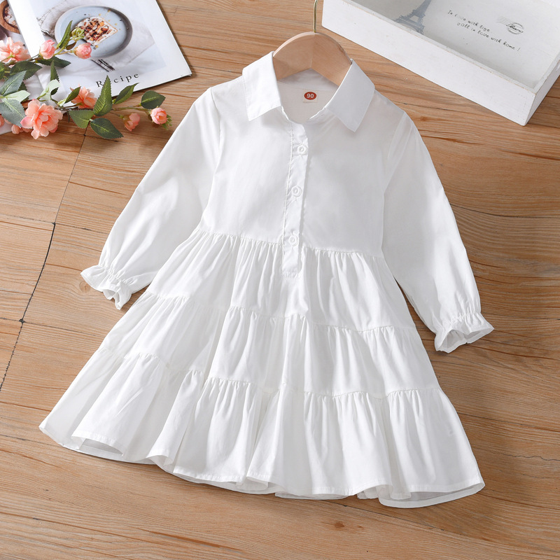 Girls' Spring and Autumn Dress, New Korean Style, Turn-Down Collar, Large Hem, Shirt Dress, Children's Princess Dress, White, Can Be Tie-Dyed