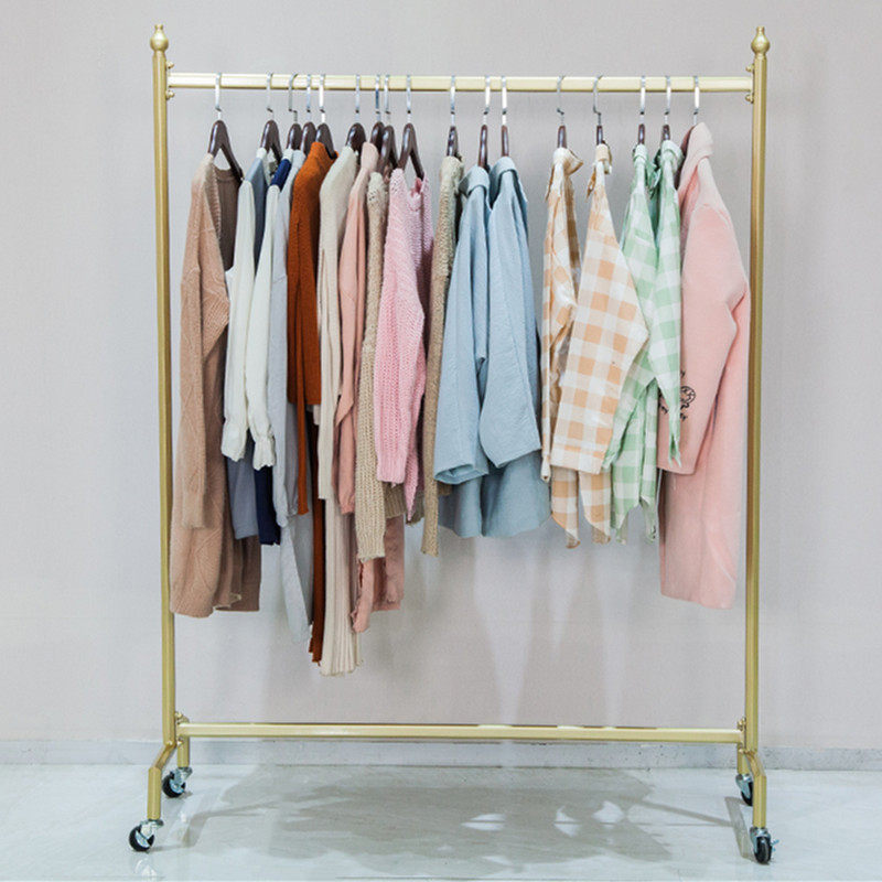 Clothing store display rack children's clothing women's clothing floor special gantry golden mobile clothes rail drying rack with wheels