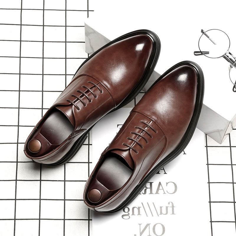 Leather shoes men's inner heightening men's shoes brown leather business trend plus velvet formal dress pointed toe British Korean style suit lacing