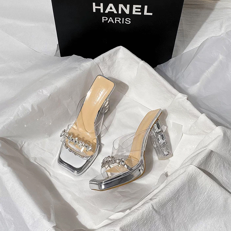 Waterproof Transparent Sandals for Women, New Summer Style, Niche Versatile Sexy French Rhinestone Crystal High-Heeled Slippers