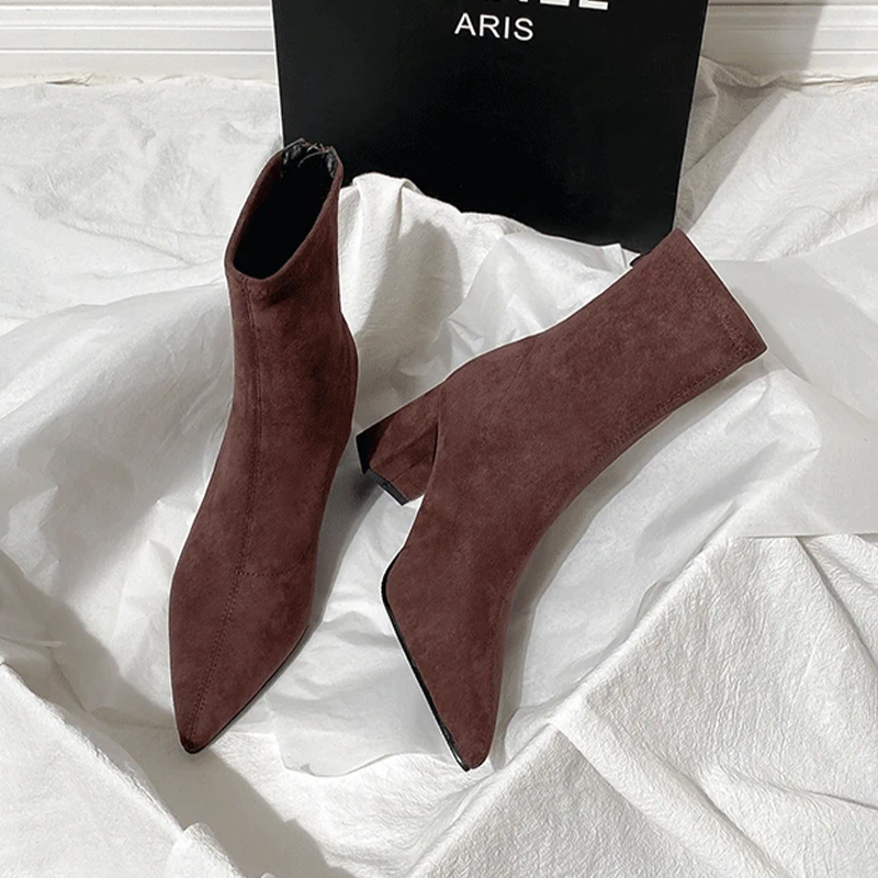 Pointed Toe Elastic Slim Boots for Women with Thick Heels, New Autumn and Winter Brown Suede French High-Heeled Boots with Fleece and Back Zipper Short Boots Pointed Toe Elastic Slim Boots for Women with Thick Heels, New Autumn and Winter Brown Suede French High-Heeled Boots with Fleece and Back Zipper Short Boots