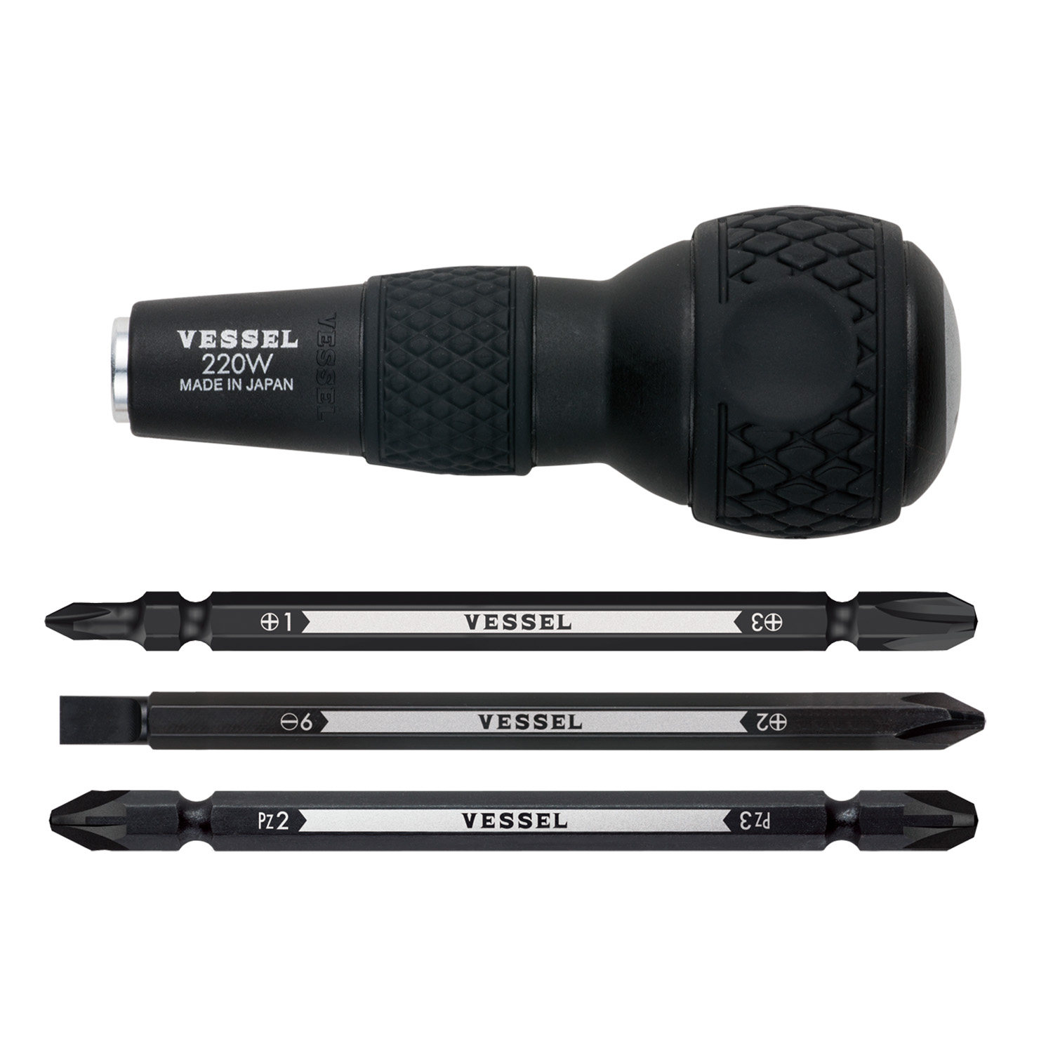 220W-3 多機能輸入ドライバー（プラスビットとマイナスビット付き）、日本製 Wiwi ドライバー バレル交換式ハンドル