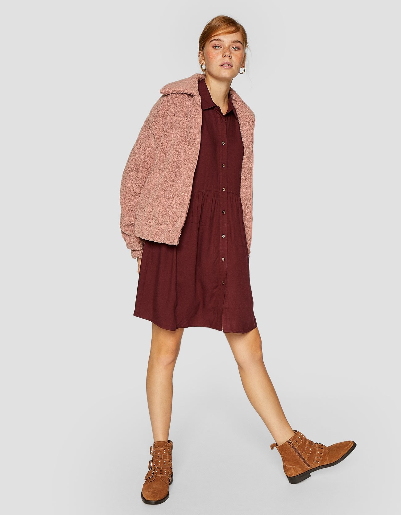 Mùa thu đông giảm giá Stradivarius áo sơ mi nữ dài tay váy midi 06366804152 váy da báo