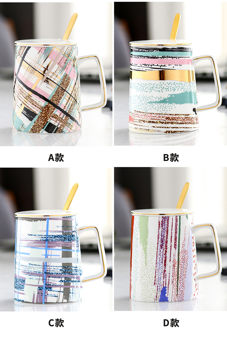 Creative ceramic water cup Nordic character tide mark cup with cover teaspoons of men 's and women' s domestic large capacity coffee cups