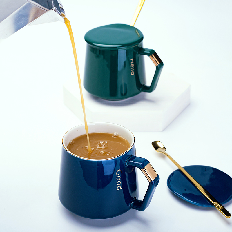 Nordic mark cup with cover spoon move creative trend ceramic drinking cup men 's and women' s household coffee cup in the afternoon