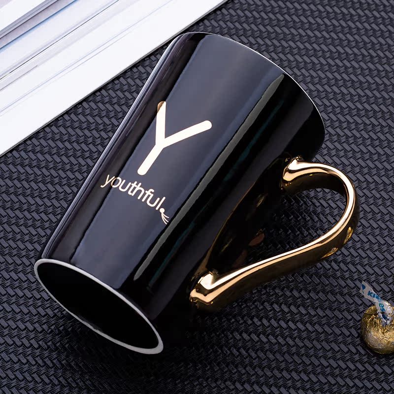Nordic letters ceramic cups with cover spoon move creative trend mark cup men 's and women' s household glass coffee cup