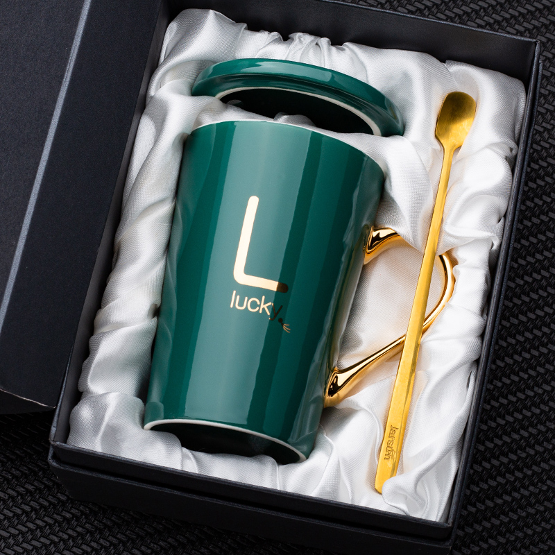 Letters water glass ceramic cup creative move trend coffee cup men 's and women' s picking household mark cup with a spoon