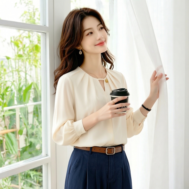 French-Style V-Neck Satin Shirt for Women, 2026 Spring and Autumn Design, Loose and Drapey Long-Sleeve Top, Acetate Shirt French-Style V-Neck Satin Shirt for Women, 2026 Spring and Autumn Design, Loose and Drapey Long-Sleeve Top, Acetate Shirt