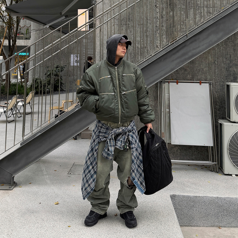 Right Plan Short Wide Multi-Zip Pocket 3m Thinsulate Cotton Bomber Silhouette Air Force Jacket Coat