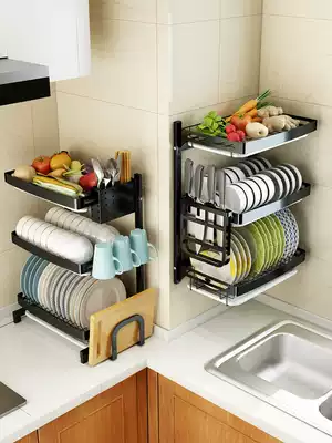 Punch-free kitchen bowl rack Drain rack Stainless steel rack Wall-mounted double-layer household dish storage rack