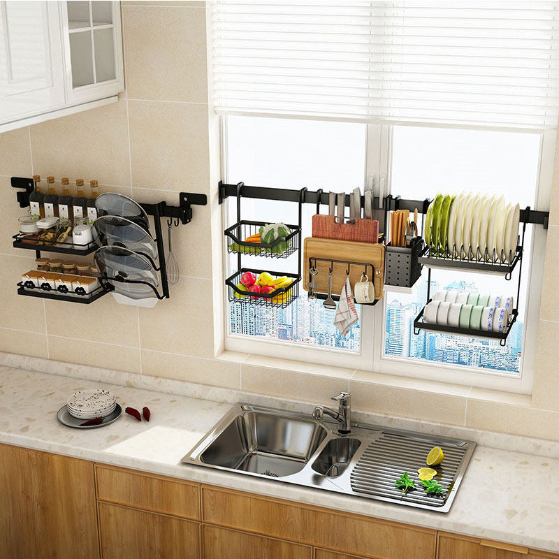 Kitchen window multi-functional storage rack wall-mounted punch-free sink drain bowl rack window sill dish storage rack