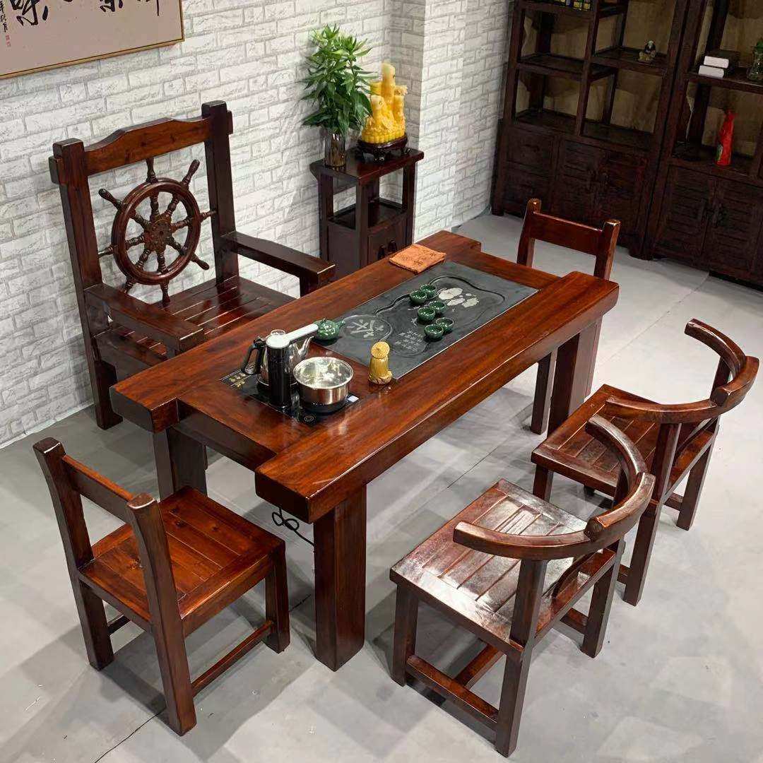 Old boat wood tea table and chair combination solid wood tea table new Chinese furniture set one office home kung fu tea