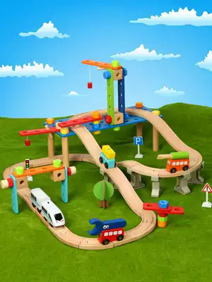 Wooden small train track set magnetic electric car head building block nut track building block children toy 3 years old