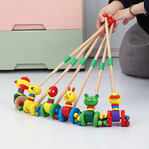 Enfant Pushback Wood Single Pole Schoolwalk Trolley Toy 1 an Old Baby 2-3 ½ Baby Male Girl