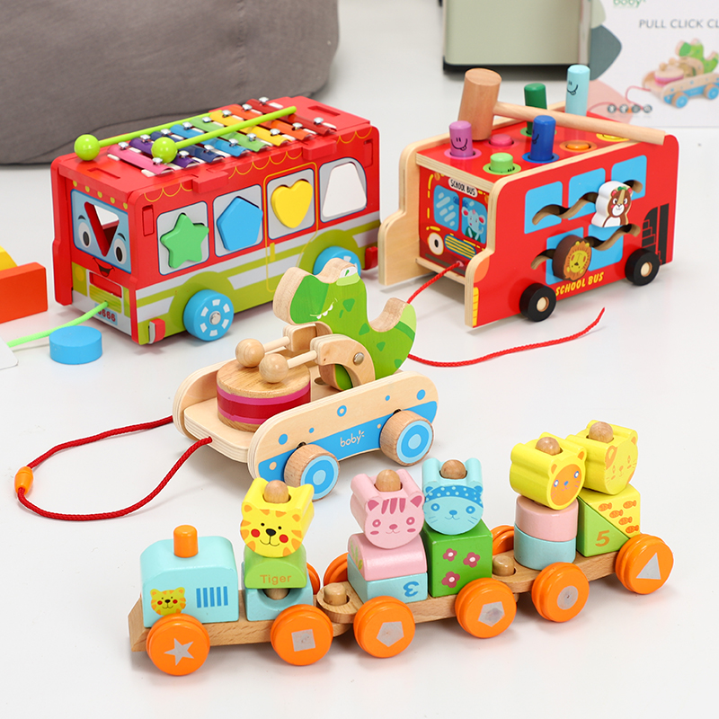 Children wooden pull tractor cart pull rope pull to pull toy baby 1 - 3 year old baby toy