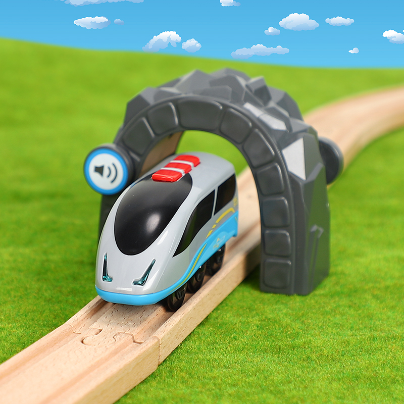 Children's electric car head induction tunnel car vocal luminous wooden railcar boy toys compatible with rice rabbit