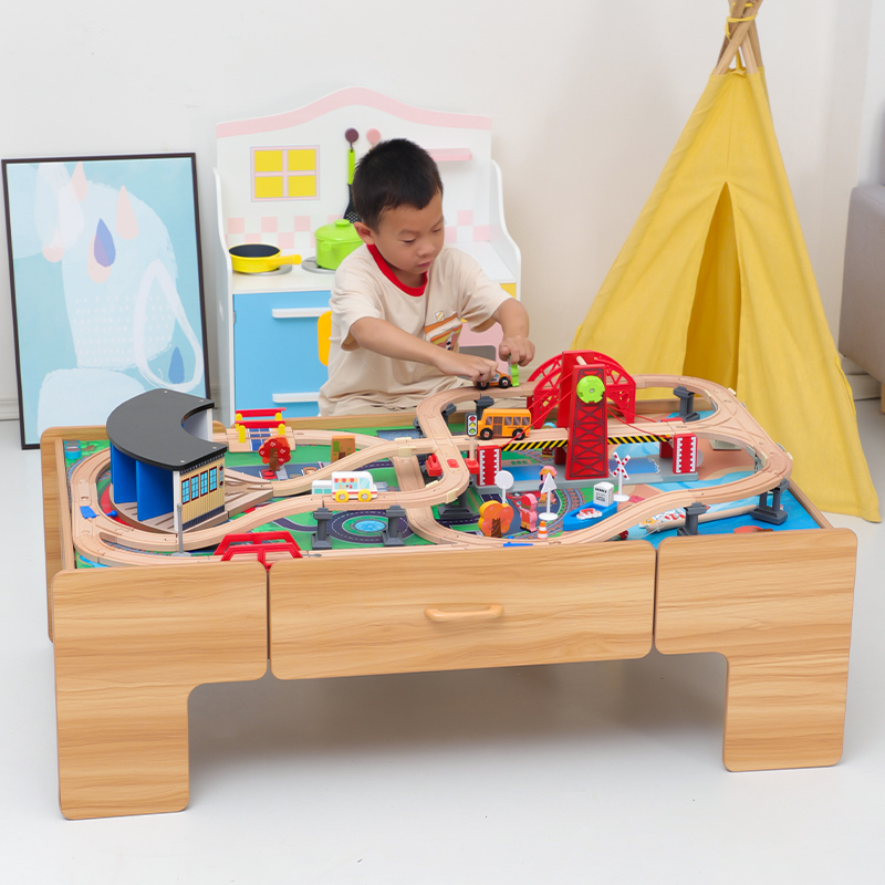 Wooden large grain building block table Multi-functional toy table Children assembled train track game Puzzle Chair Suit