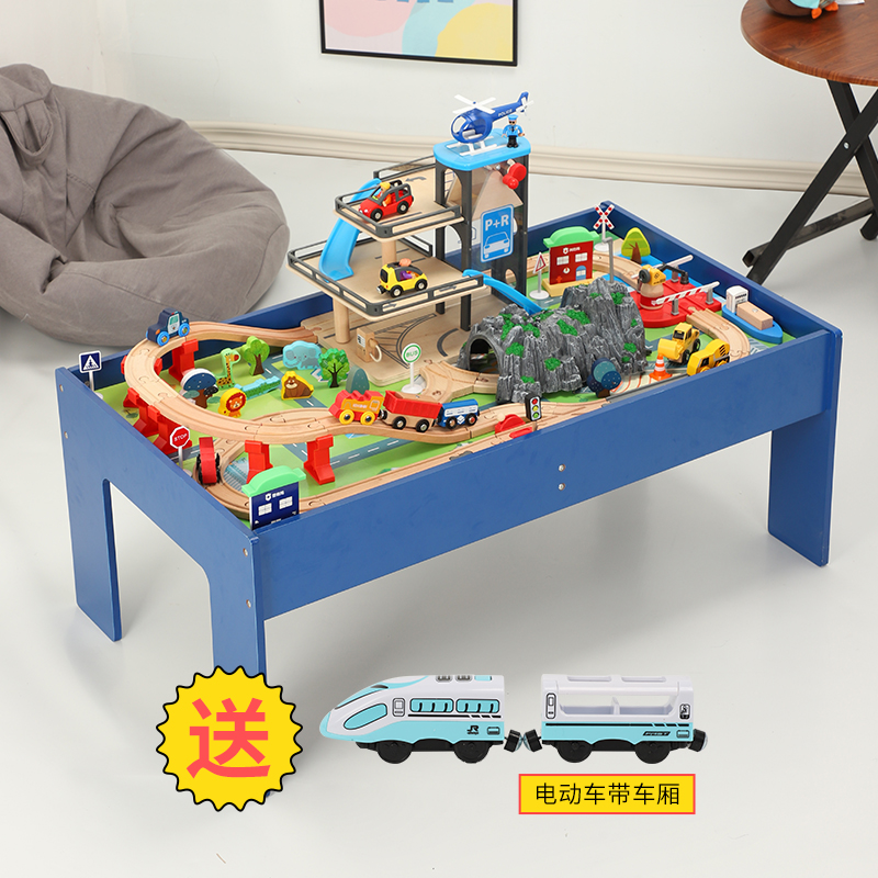 Children's electric wooden train suit Orbital Gaming Table Toy Building Block Table Puzzle Assembly 2-year-old compatible rice rabbit