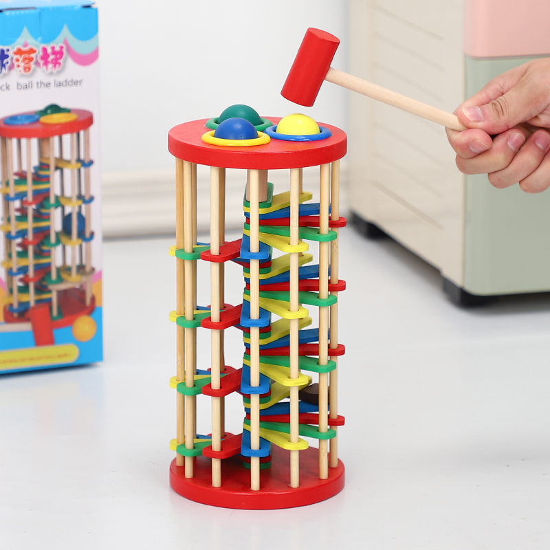 Wooden knockout billiards drop ladder rollaway billiards baby children's puzzle toy 1-3-6 Early taught hands-on knockout pile-Taobao