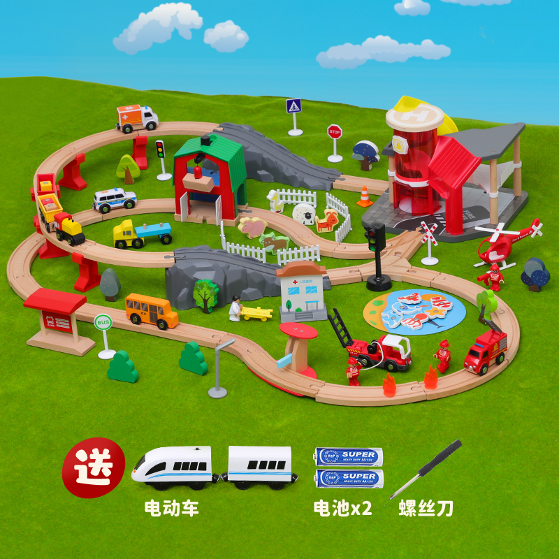 Multifunctional small train track suit model wooden assembled building block children electric boy puzzle car toy