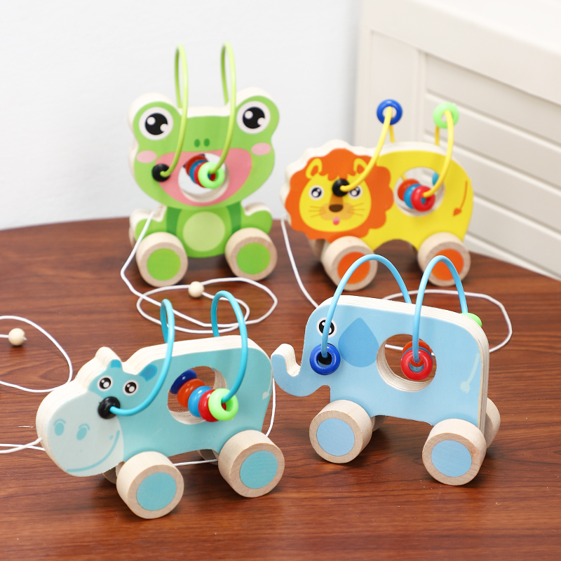 Wooden toddler toy animal pull cart children hand pull string pull rope small trailer cart baby baby nursery