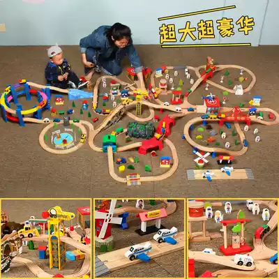 Large kindergarten toy wooden track boys and girls small train police fire station racing car traffic building blocks