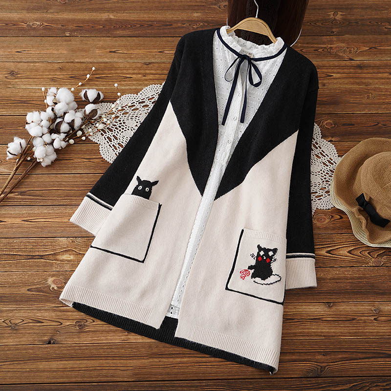 Maternity Korean version loose fashion pregnancy cardigan two-piece set medium and long version contrast color tide mother wear a pocket top outside