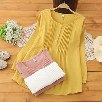 Pregnant womens T-shirt autumn skin lining bright color pregnant womens top round neck breathable cotton linen literary long sleeve pregnant womens clothing autumn