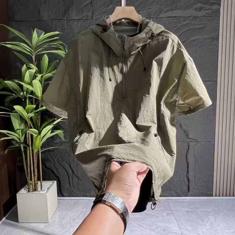 New Style Hooded Short-Sleeved Sweatshirt, Summer Thin Jacket, Men's Fashion Trendy Brand Casual Loose Outerwear, Sun Protection Top