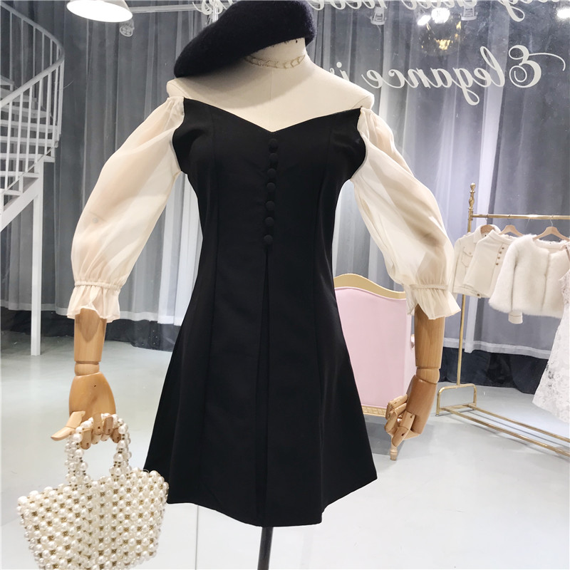 2018 mùa hè mới Hàn Quốc phiên bản của minh bạch bảy điểm tay áo khâu cao eo Slim V-Cổ tính khí giả hai mảnh váy nữ 	váy hở eo đẹp