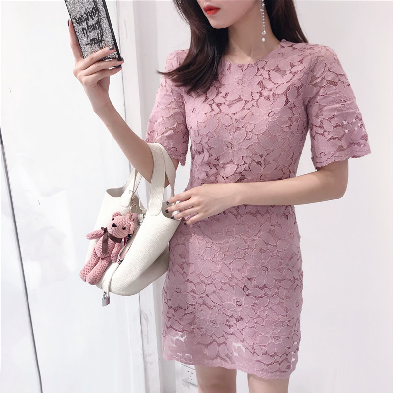 Tính khí Lady Crochet Ren Váy Nữ 2018 Mùa Hè Mới của Hàn Quốc Ngắn Tay Cao Eo Slim Joker Ăn Mặc 	váy nịt eo	