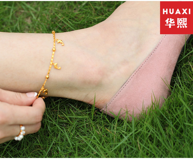 Vàng nữ mẫu vòng chân nữ Vàng 18k hình trái tim cá heo chuông hai lớp chuyển hạt vòng chân Hàn Quốc gửi bạn gái - Vòng chân lắc chân nữ titan