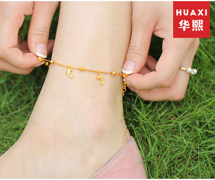 Vàng nữ mẫu vòng chân nữ Vàng 18k hình trái tim cá heo chuông hai lớp chuyển hạt vòng chân Hàn Quốc gửi bạn gái - Vòng chân lắc chân nữ titan