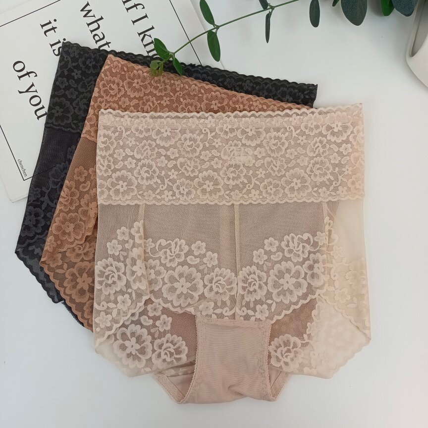 Charming Lace Large Size Lace High Waist Abdomen Hip Lifting Shape Breathable Comfortable Traceless Ladies Cotton Antibacterial Panties Women