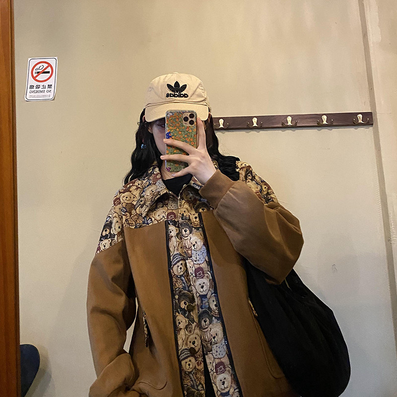 (Spot) Clear Barn Tooling Jacket Female Spring Autumn Loose Students Han Prints Chains Chains Chauded Short Spliced Retro Blouse-Taobao