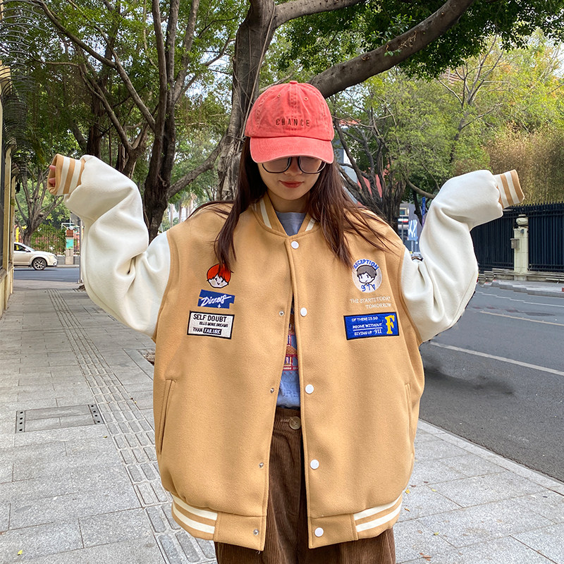 Yuki Great White Tide Card Retro Collision Color Splicing Embroidered Baseball Clothes Coats Women Ins Loose Lovers Casual Jackets