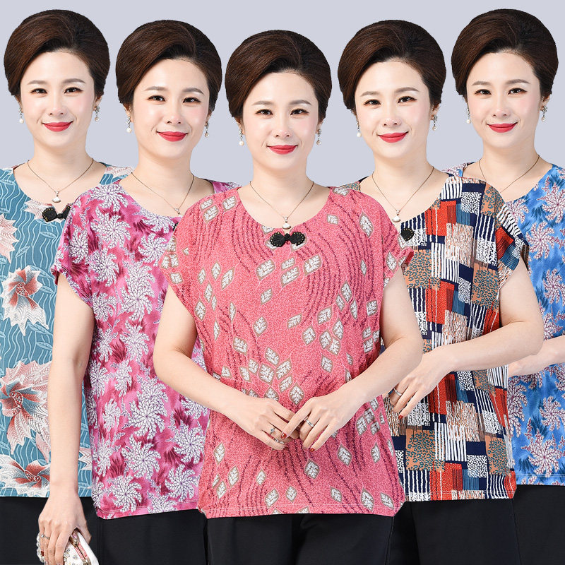 Mommy summer dress T-shirt middle old ice wire big thin shirt middle-aged grandmother half-sleeve collar