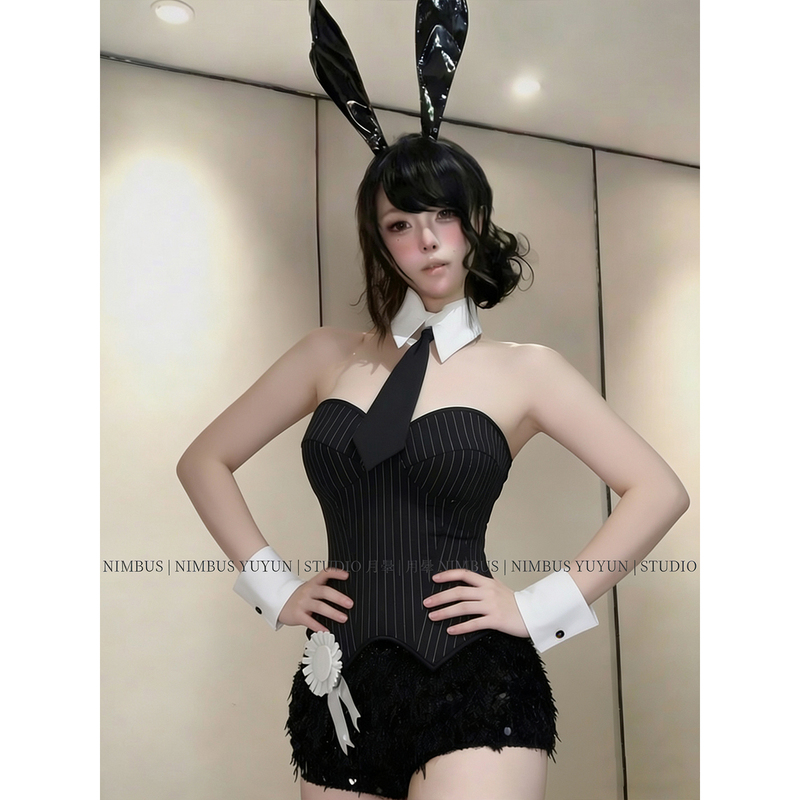 [Striped Bunny] Sexy Tie-Striped Waist-Cinching Slim-Fit Fishbone Corset Hot Girl High-End Bunny Girl Outfit