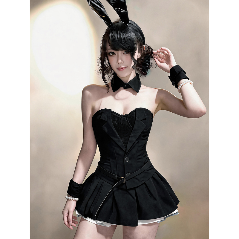 【Rabbit Butler】Sexy Lace Tube Top with Lapel Collar, Slim-Fitting Short Black Skirt Set with Zipper for Women
