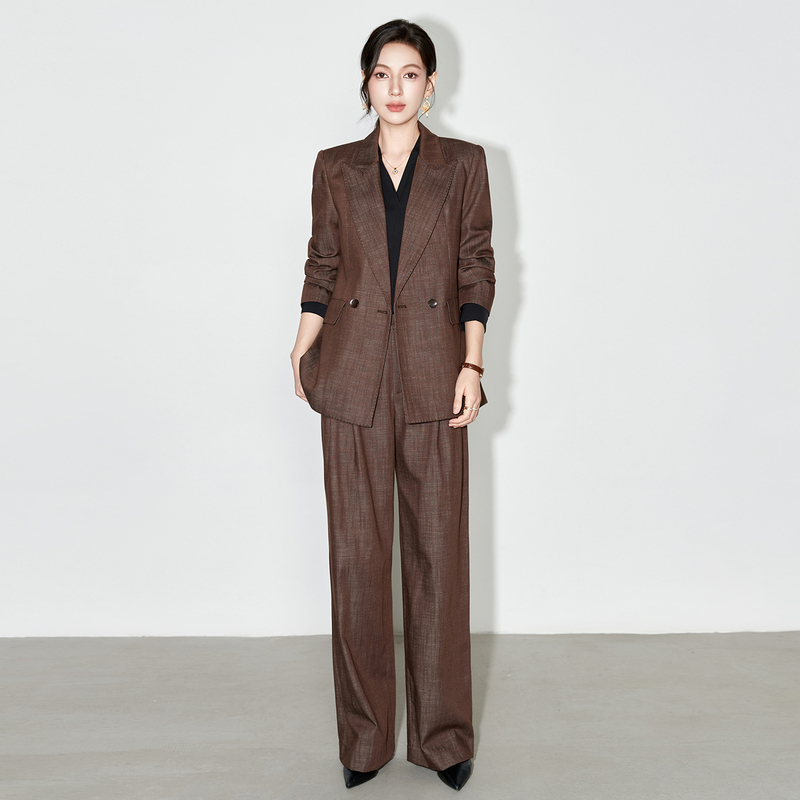 Fashionable Casual Denim Brown Fabric Suit Set for Women, Professional Commuting Workwear Suit with Wide-Leg Pants Two-Piece Set Fashionable Casual Denim Brown Fabric Suit Set for Women, Professional Commuting Workwear Suit with Wide-Leg Pants Two-Piece Set
