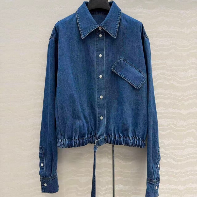 Shenzhen Nanyou New Enzyme-Washed Denim Pleated Hem Tie High-Waist Shirt Collar Short Jacket for Women