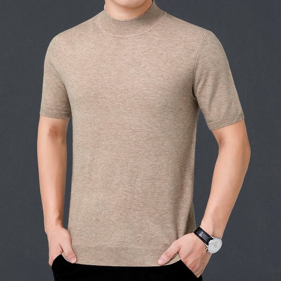 Men's pure cashmere short sleeved sweater produced in Erduo City, autumn and winter, men's Korean version slim fit half high collar youth